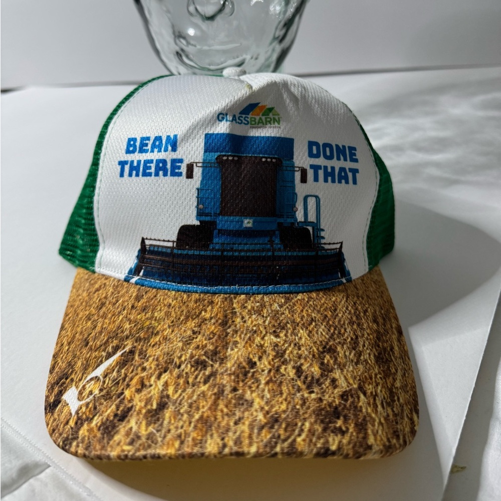 Vintage Trucker Hat Green Mesh Tan Lid Graphics on Front